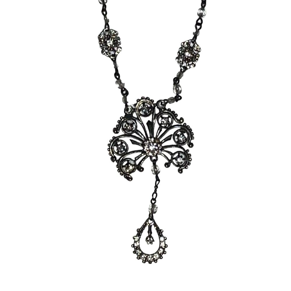 Victorian Crystal & Rhinestone Double Pendant Necklace - Picture 3 of 14